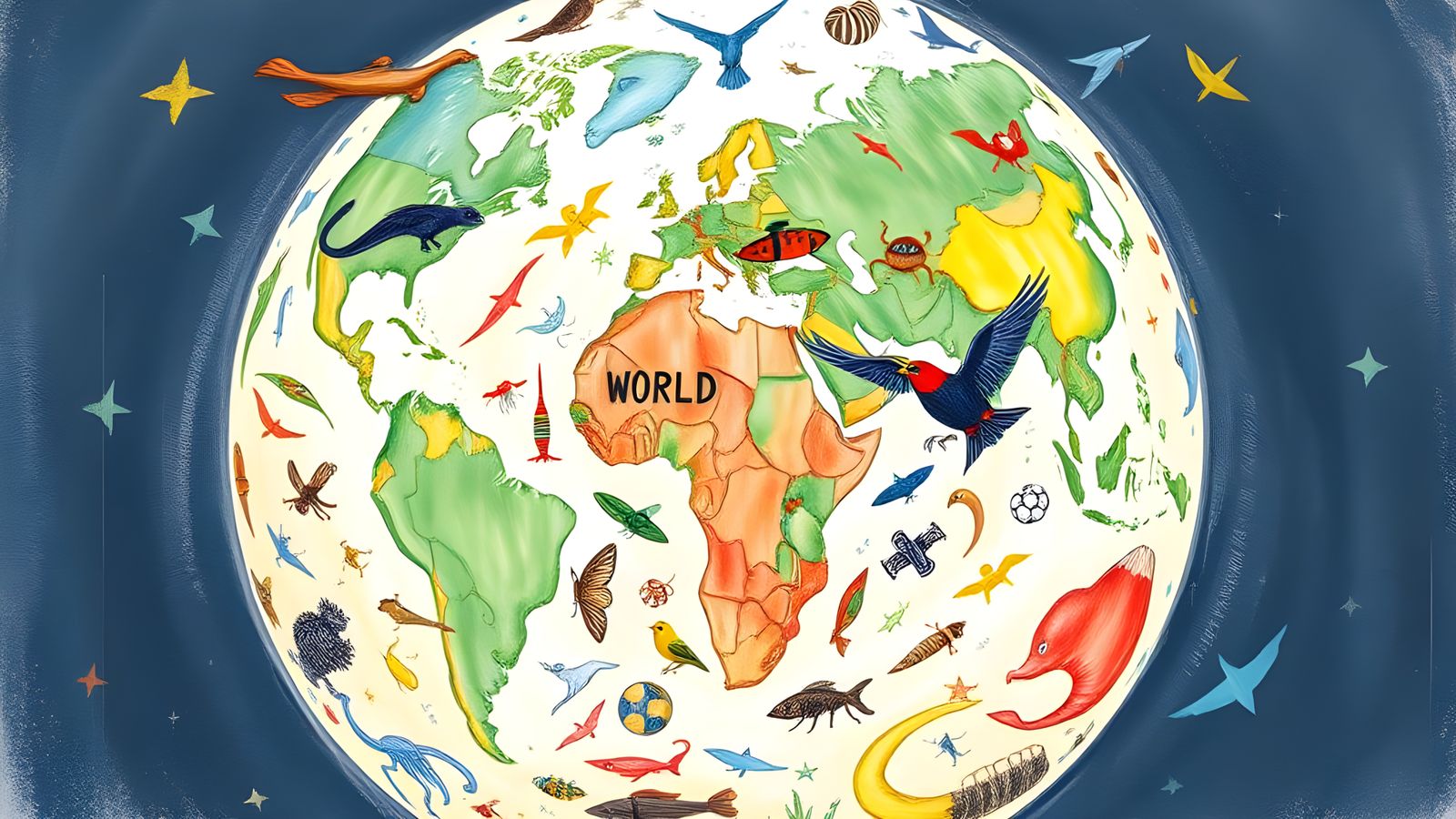 Biogeography Globe in Children's Crayon Doodle