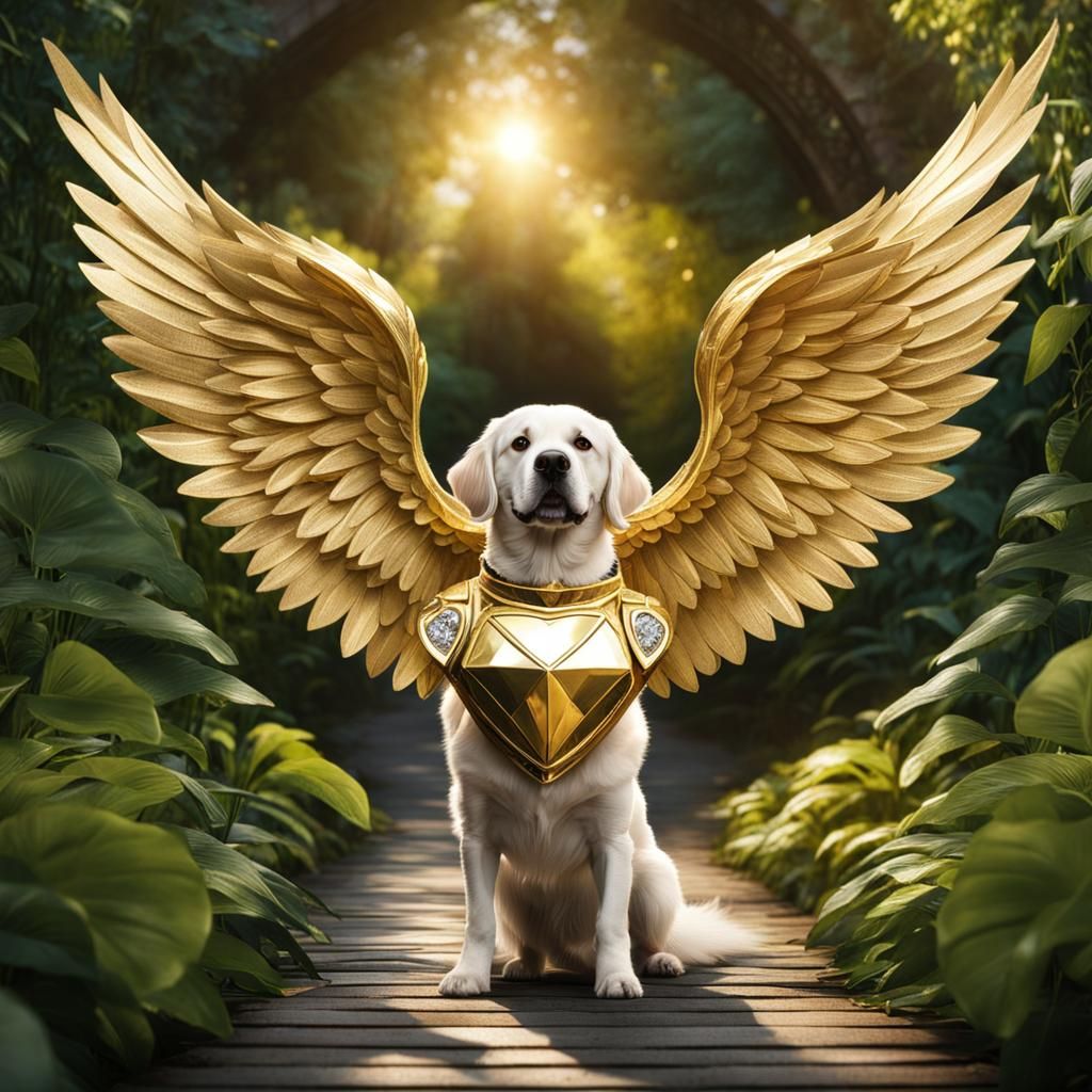 Dog Angel in Gold Armor on Plant Bridge