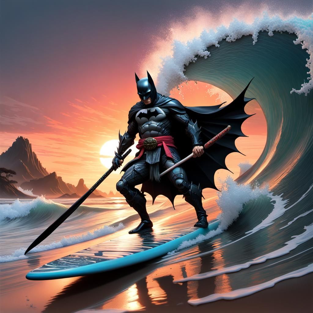 Gothic Samurai Batman Surfing the Great Wave