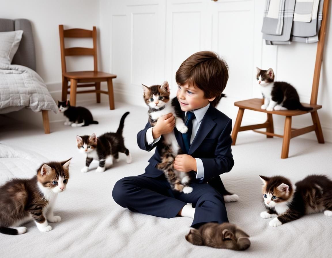 Kittens Play with Boy in Suit: Photorealistic Image