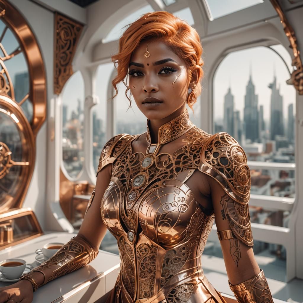 Futuristic Indian Girl with Coffee, Hyperrealistic Style