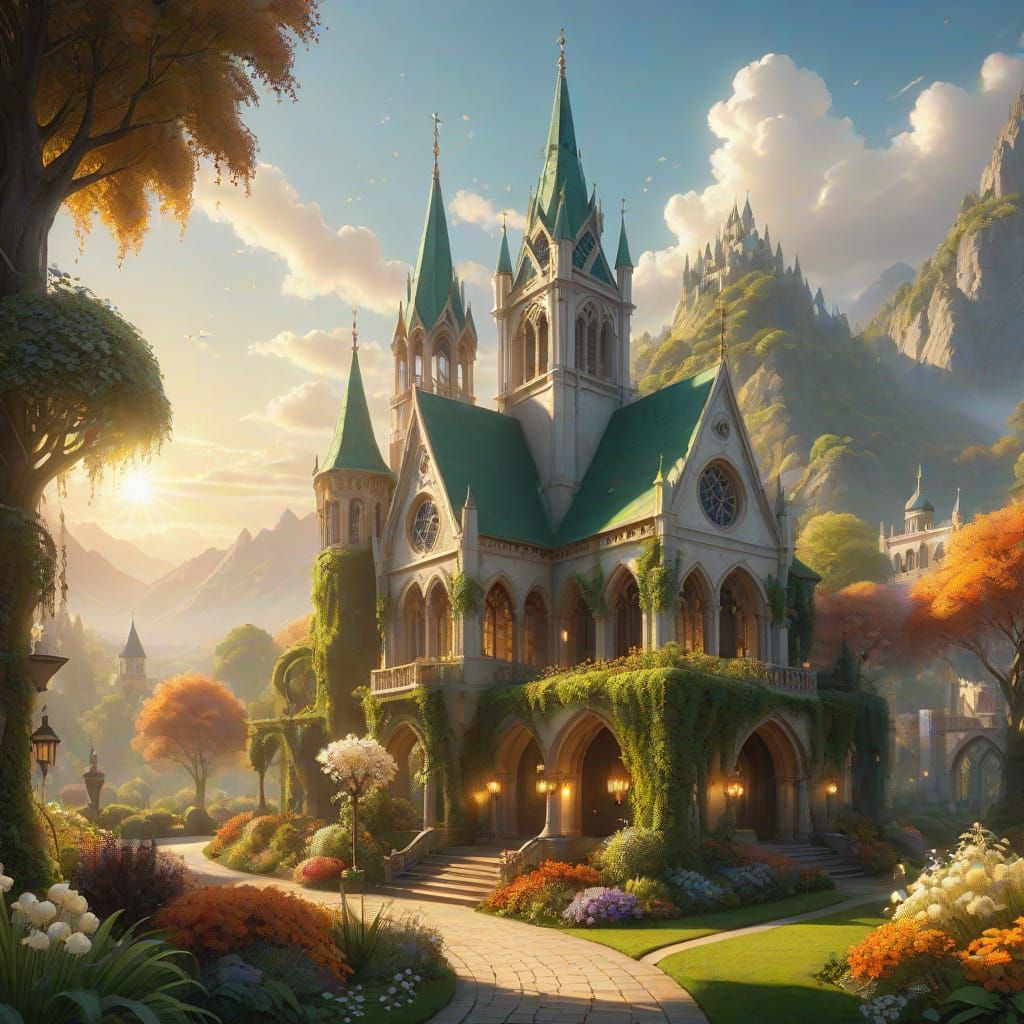 Surreal Gothic Fantasy Castle in a Sunlit Valley