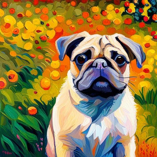 Pug in Garden: Expressionist Oil Painting