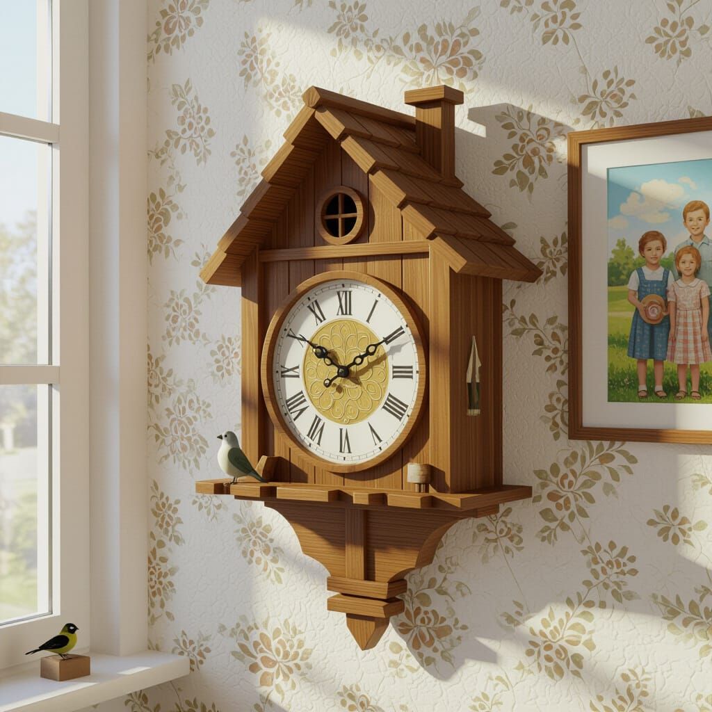 Cuckoo Clock House on Wall in 3D Game Cinematic Style