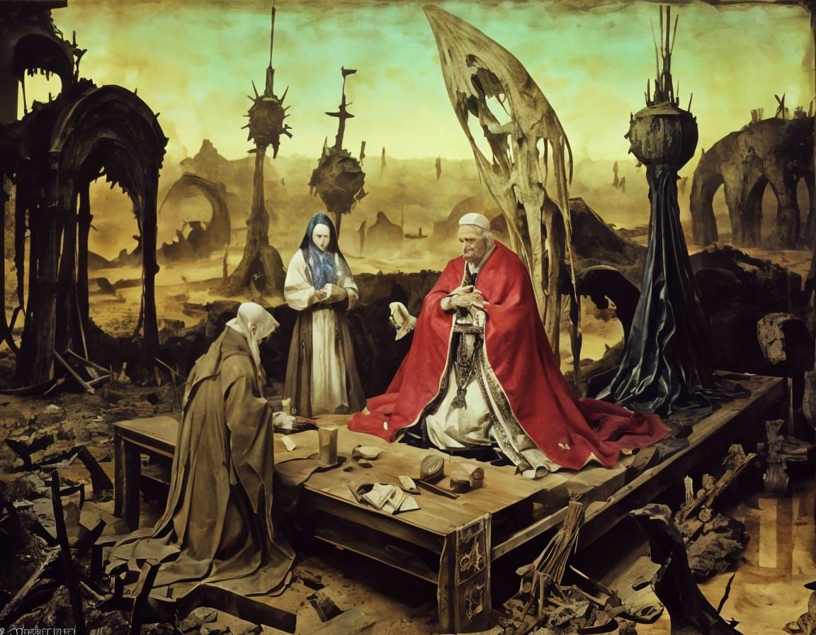 Surreal Pope Amidst Labyrinthine Iron Forest in Iridescent G...