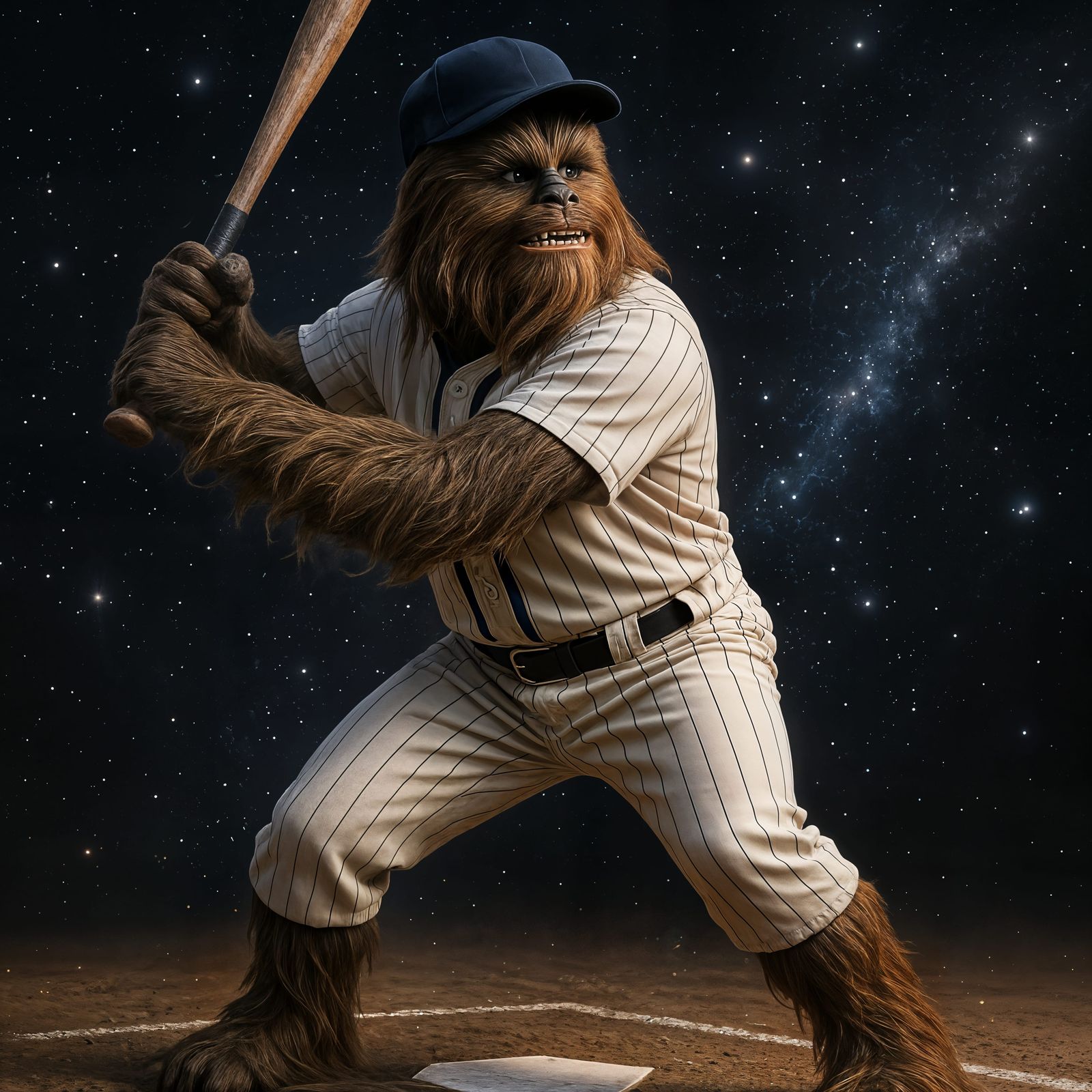 Confident Wookiee Plays Baseball in Space