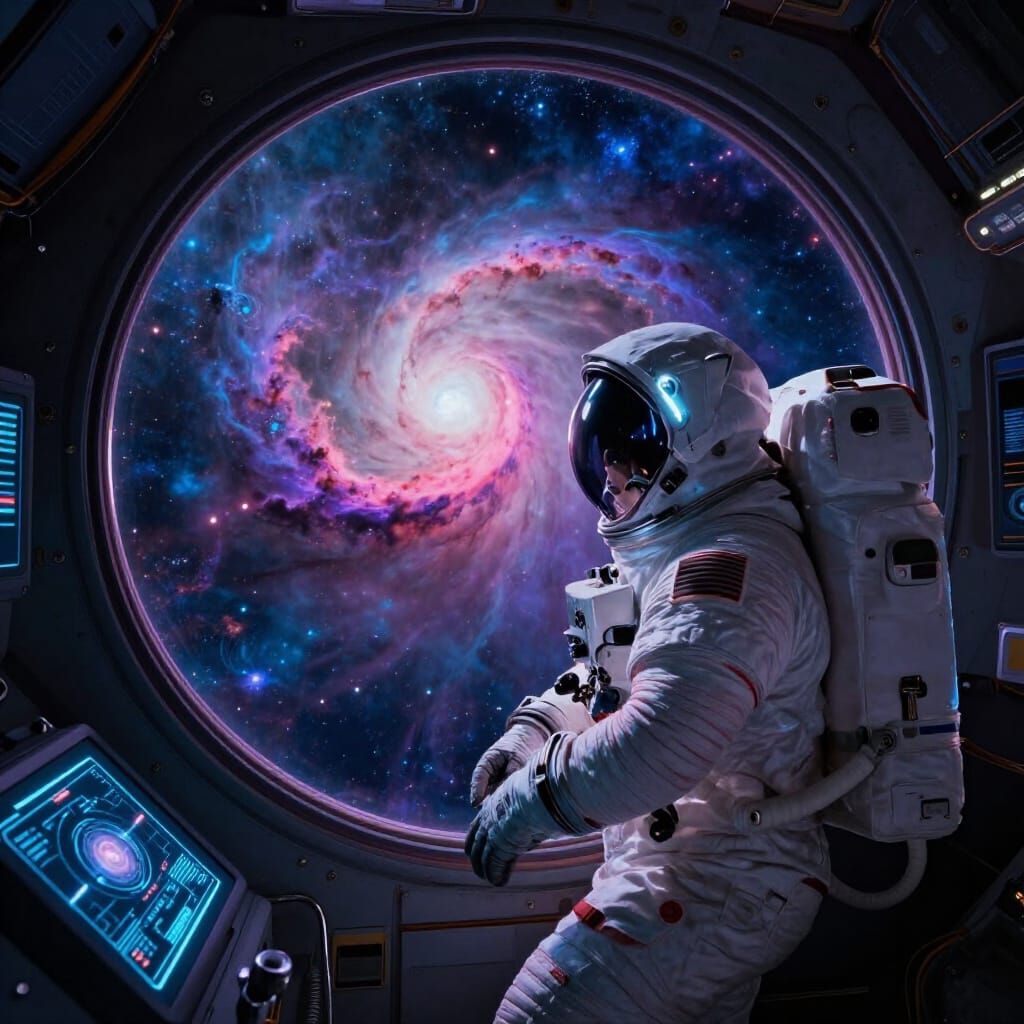 Astronaut Views Cosmic Nebula from Spaceship Window