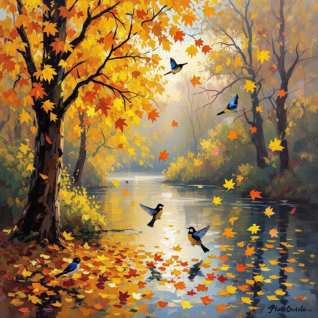 Colorful Birds Frolic in Autumn Leaves, Impressionist Oil Pa...