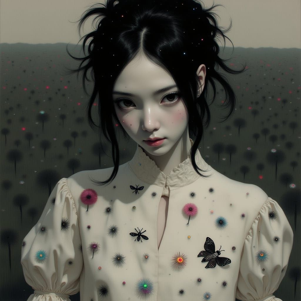 Surreal Anime Goddess Embodies Dark, Eerie Elegance in Biome...