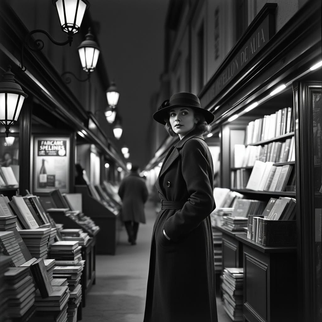 Elegant Woman in 1935 Paris Book Stalls