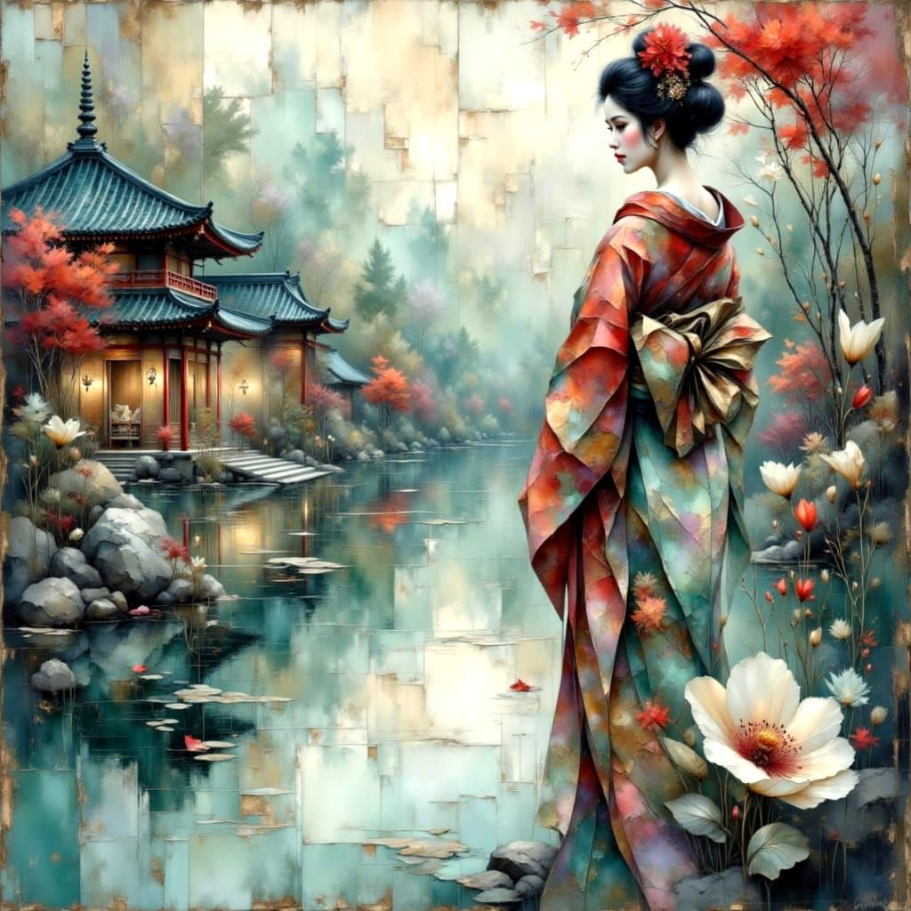 Ethereal Geisha Illuminates Japanese Garden in Abstract Fant...