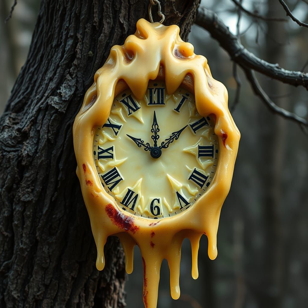 A clock face made of wax halfway through the melting process...