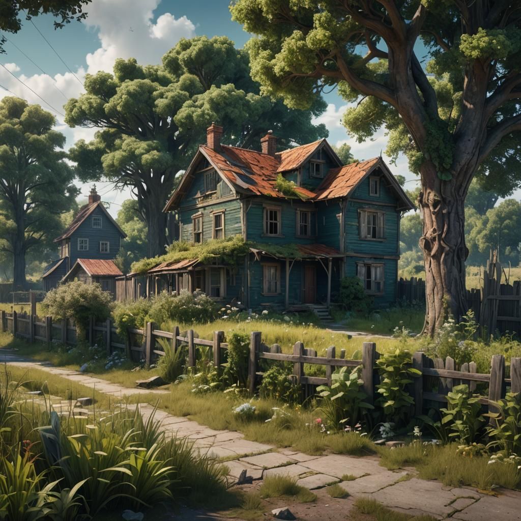 Abandoned House with Overgrown Yard: Detailed Matte Painting