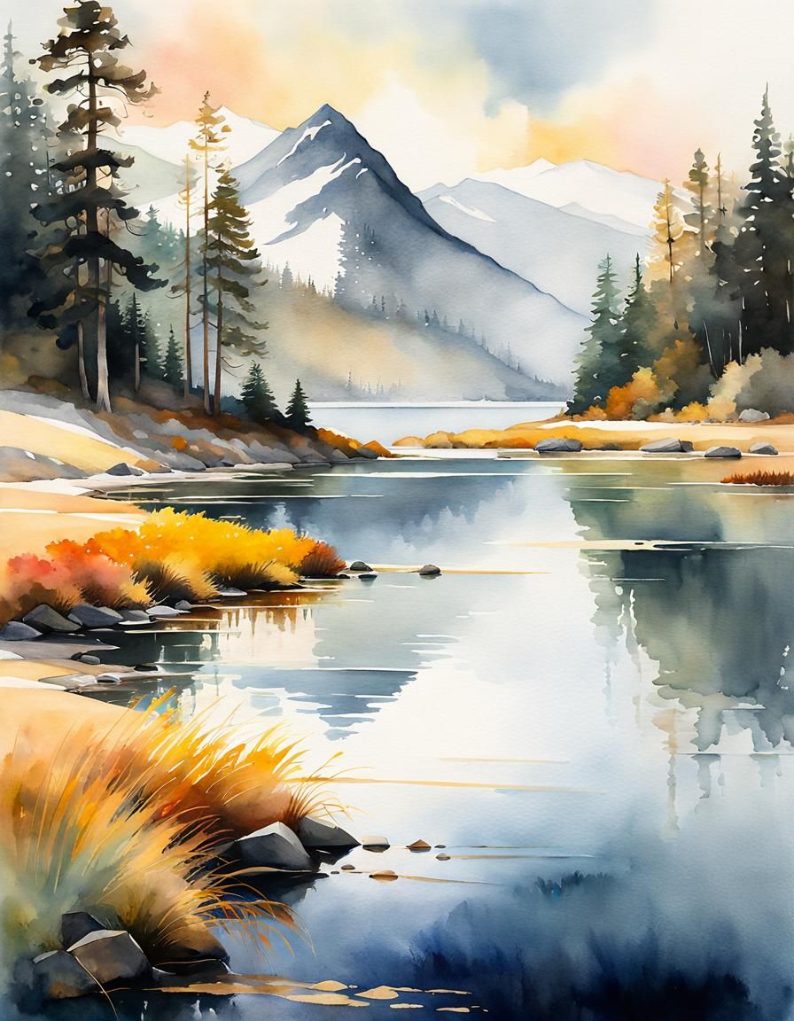 Minimalist Cozy Lakeshore in Watercolor Style