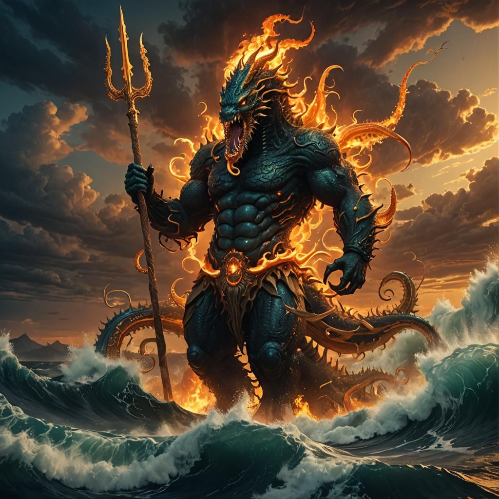 Colossal Sea Monster Emerges with Burning Trident