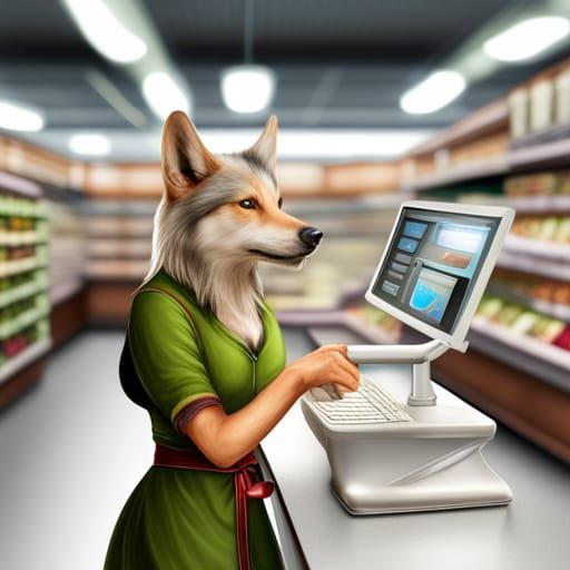 Photorealistic Fairy Wolf Cashier at Supermarket