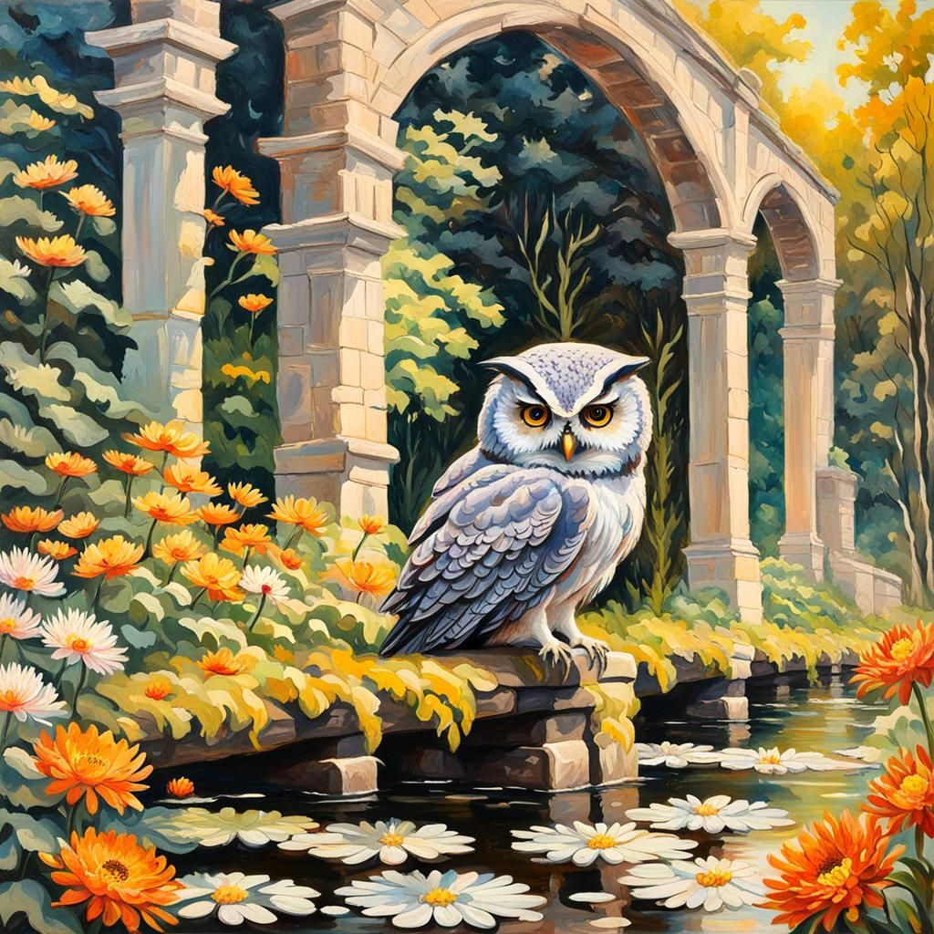 High Gothic Owl in Cottagecore Chrysanthemum Garden