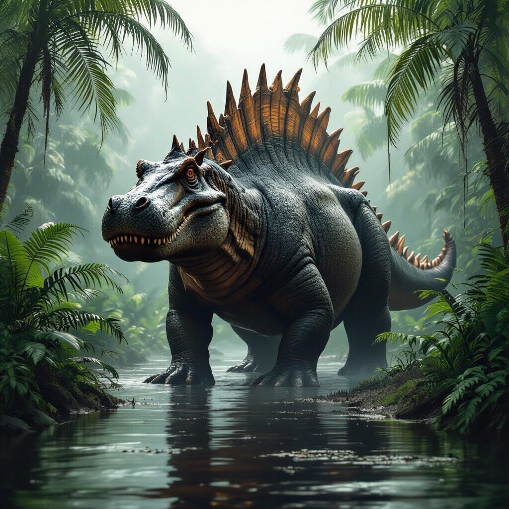 Spinosaurus Hippo Hybrid in Primeval Swamp