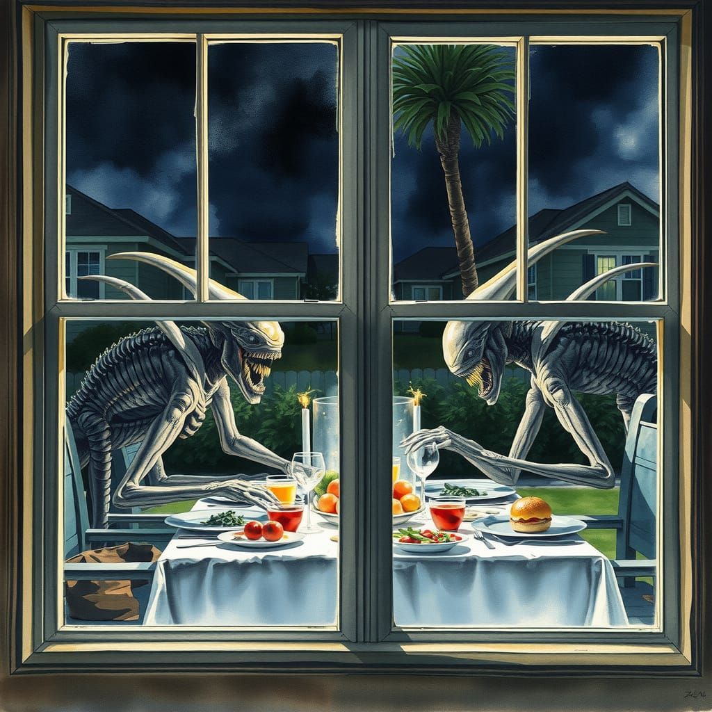 Sinister Xenomorph Family Dinner in Watercolour