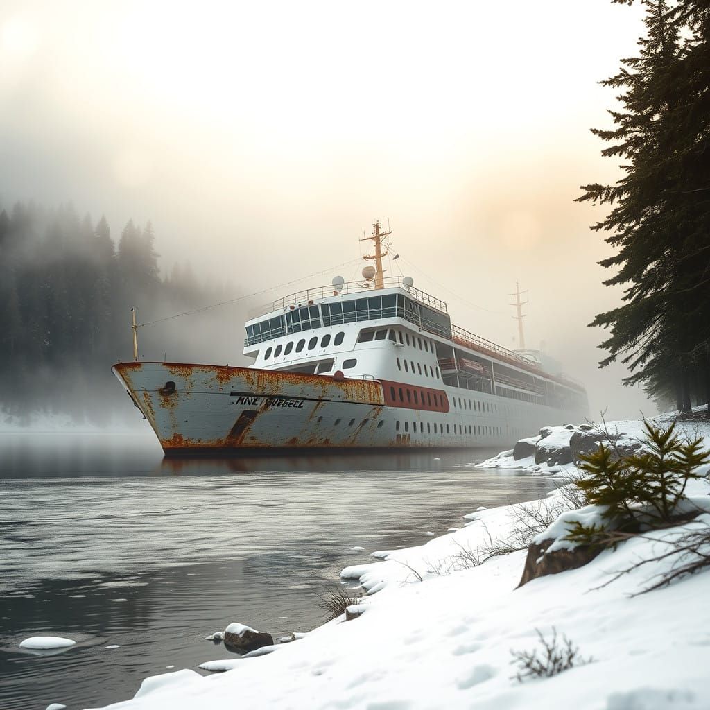 Abandoned Cruise Ship in Snowy Mountain Landscape