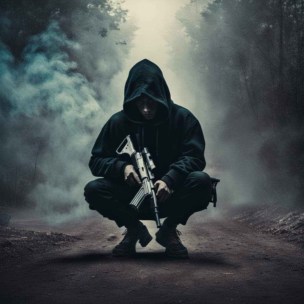 Dramatic Album Cover: Boy with Gun in Smoke