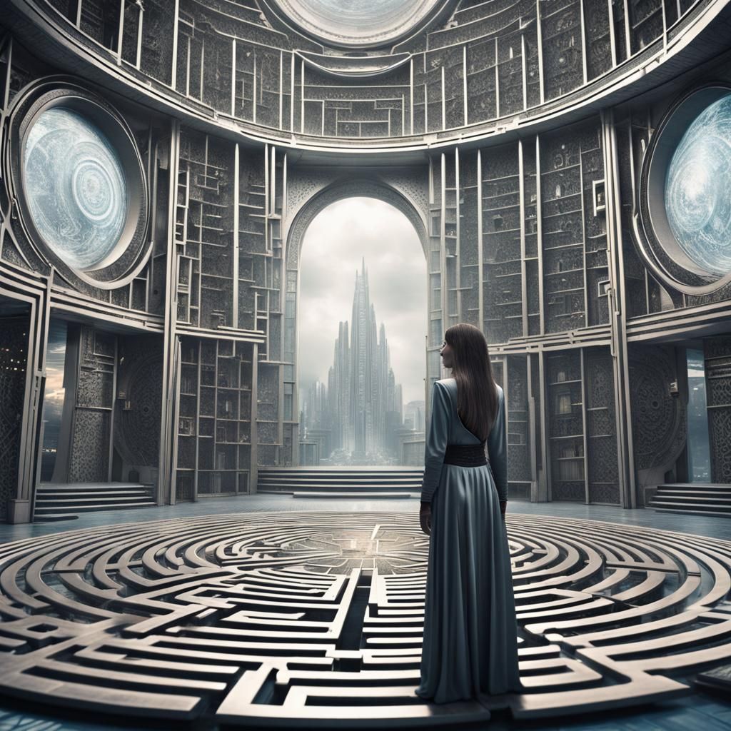 Futuristic High Priestess Overlooking Circular City