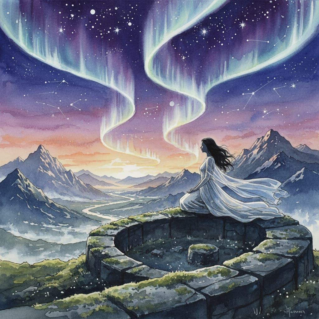 Meditating Princess Silhouette in Ink Wash Style