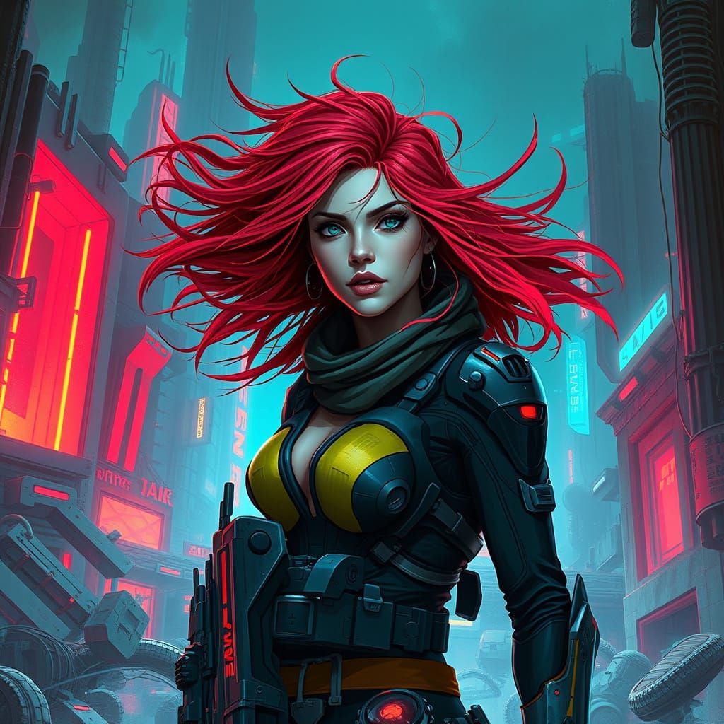 Futuristic Redhead in Sci-Fi Ruins: Digital Illustration