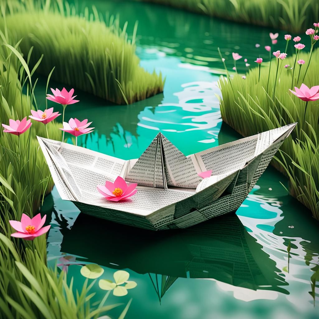 Newspaper Origami Boat on River