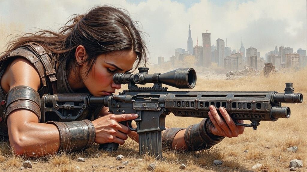Young Female Sniper in Tattered Armor, Set Against a Post-Ap...