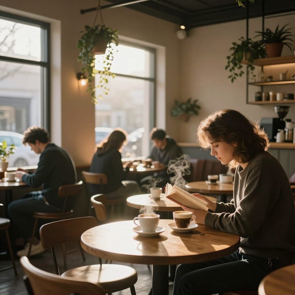 Cozy Cafe Golden Hour with Soft Light and Plants