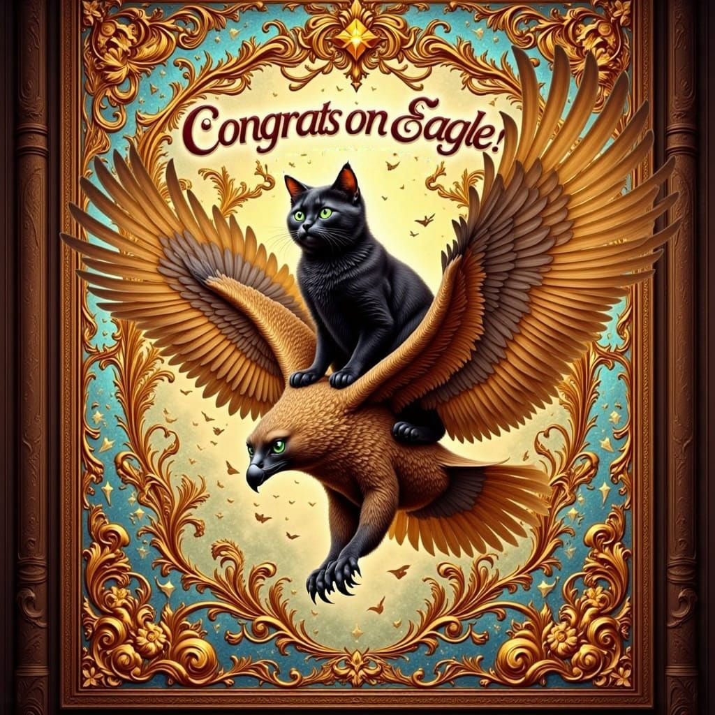 Black Cat on Eagle Soaring Through Stained Glass