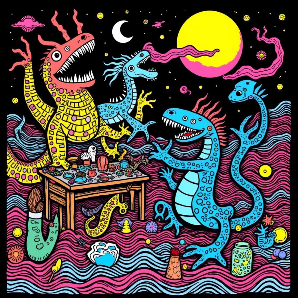 Surreal Neon Moon Over Artist Workbench in Pop Art Style