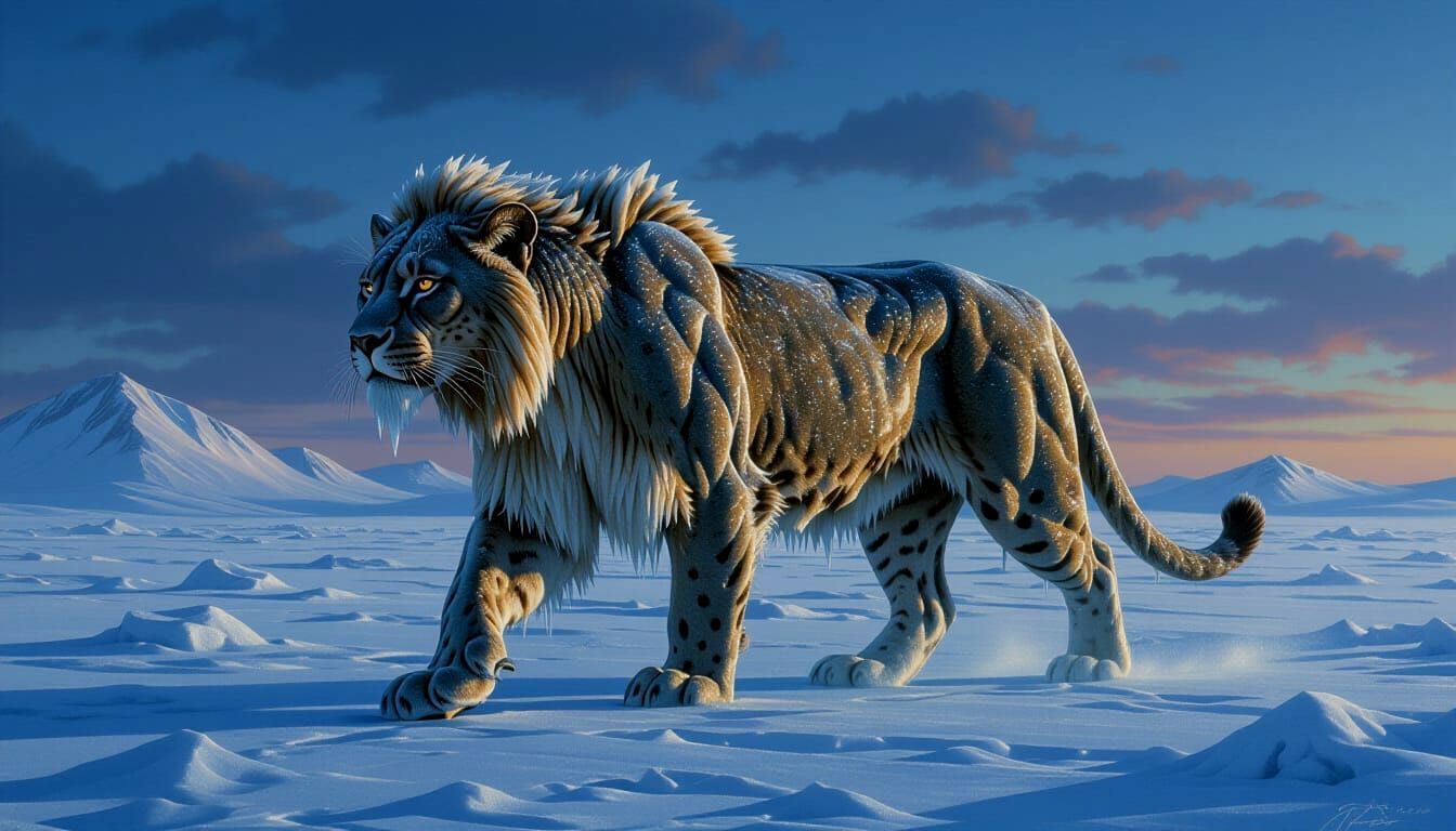 Ice Cave Lion in Hyperrealistic Oil Painting Style