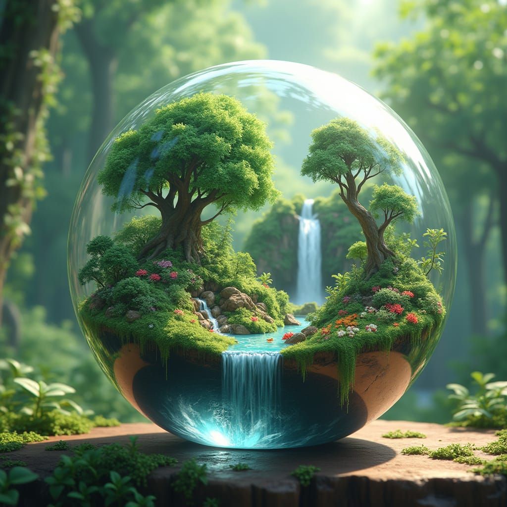 Thriving Miniature World in Glass Sphere Art