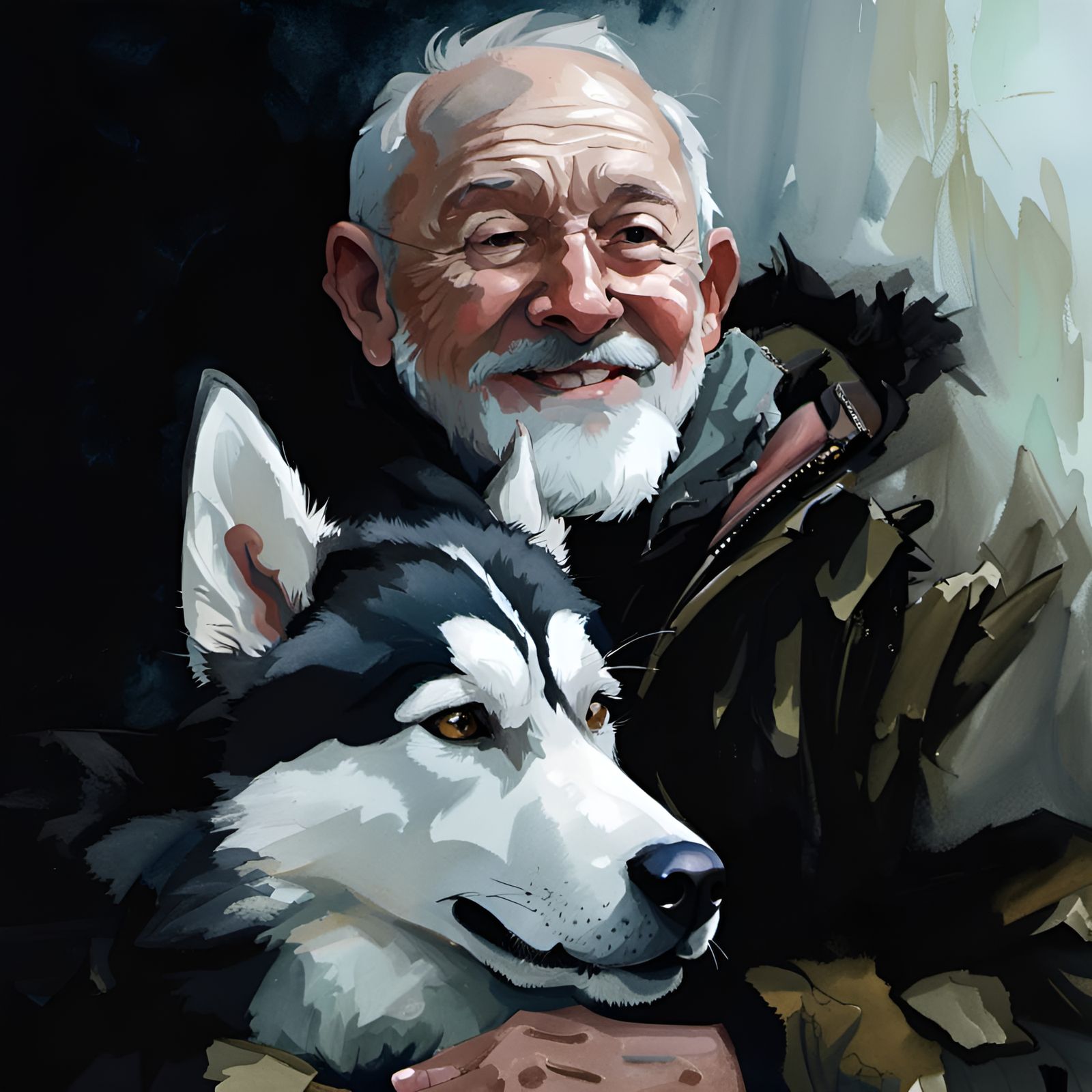 Old Man and Husky Dog: Gouache and Watercolor Portrait