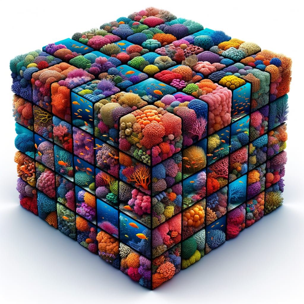 Vivid Coral Reef Ecosystem in Geometric Cubes
