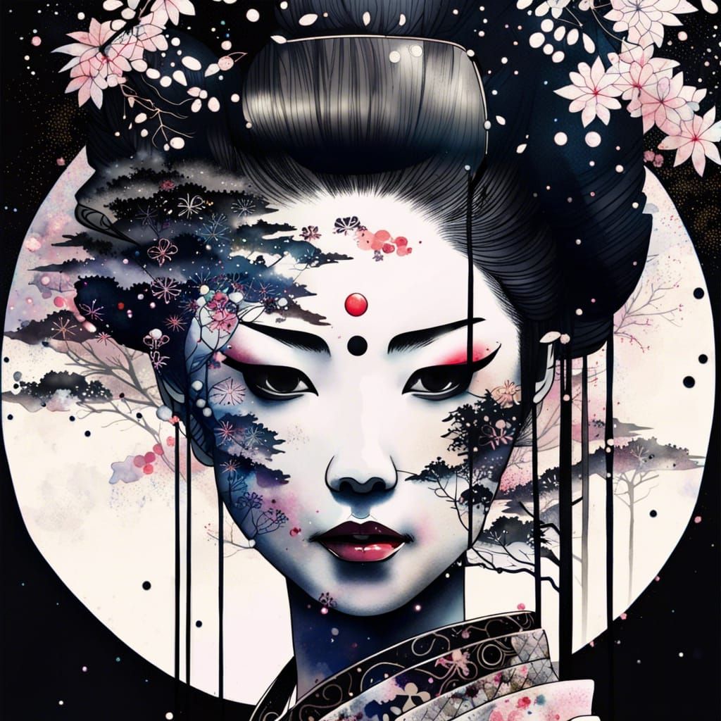 Geisha Forest Princess with Mount Fuji: Watercolor Double Ex...