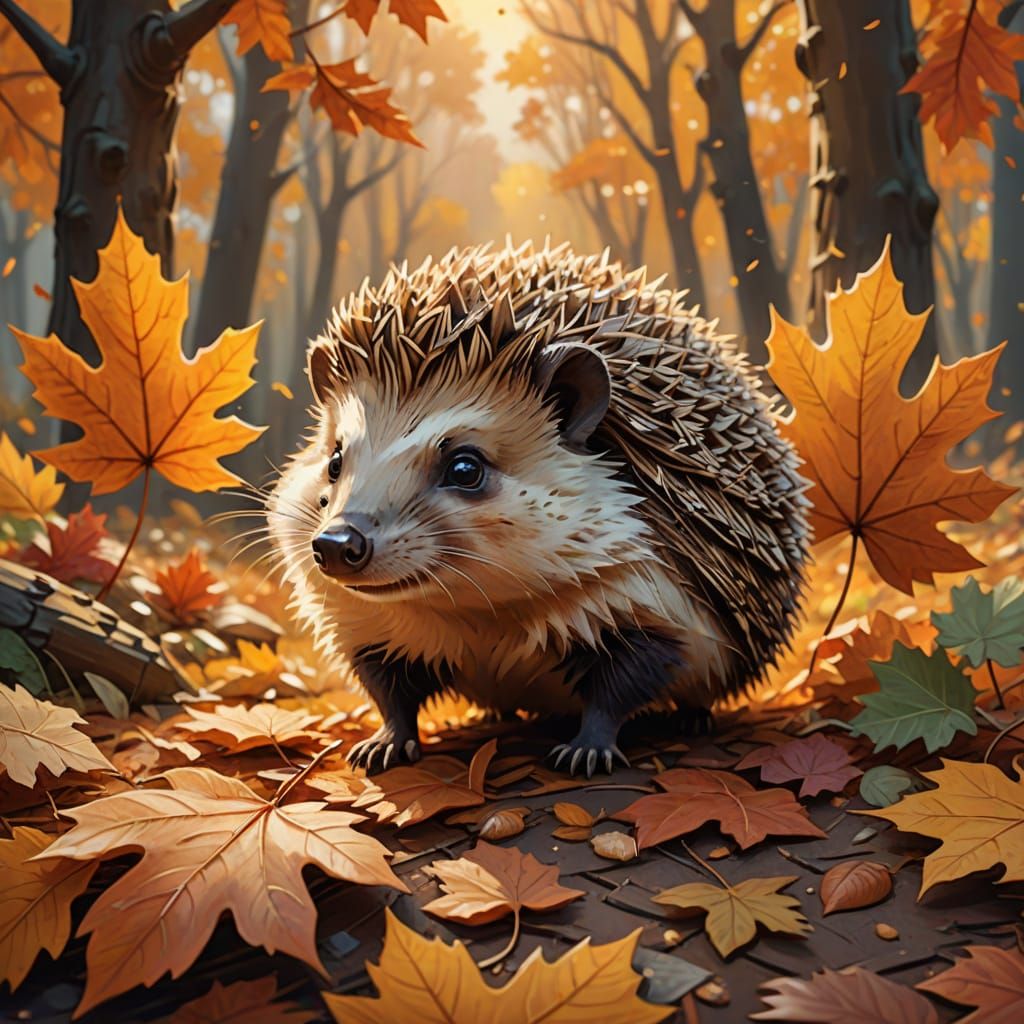 Whimsical Autumn Hedgehog Amidst Falling Leaves