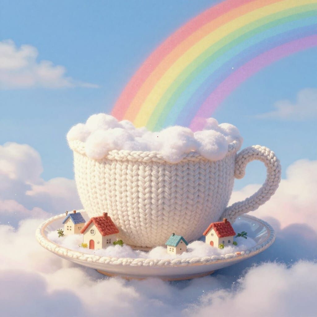 Knitted Teacup Overflowing with Rainbow Sky on Cloud