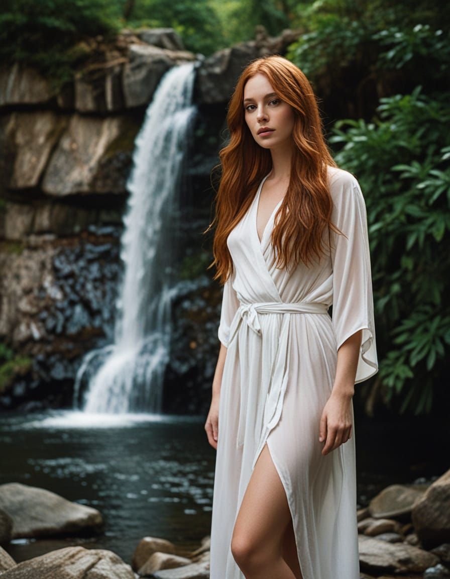 Auburn Haired Beauty at Waterfall: Professional Photography