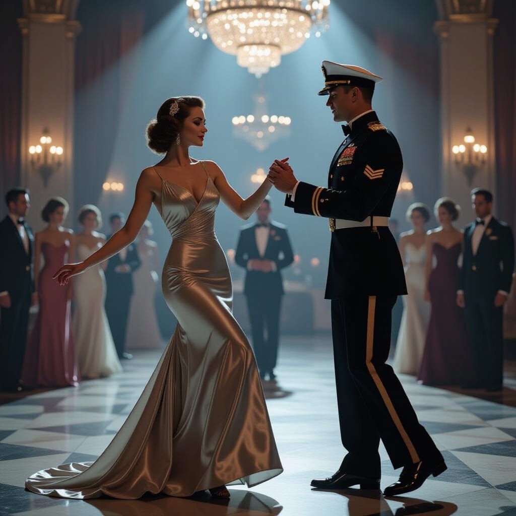 Art Deco Gown Dancer with Navy Officer in Grand Ballroom