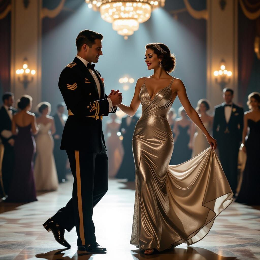Art Deco Ball Dance: Woman in Gown with Navy Officer