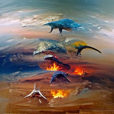 Dinosaurs Fleeing Volcano, Oil Painting