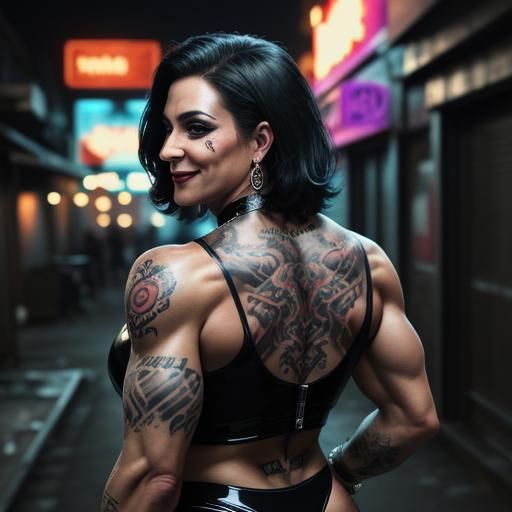 Hyperrealistic Transgender Bodybuilder in Nightclub Alley