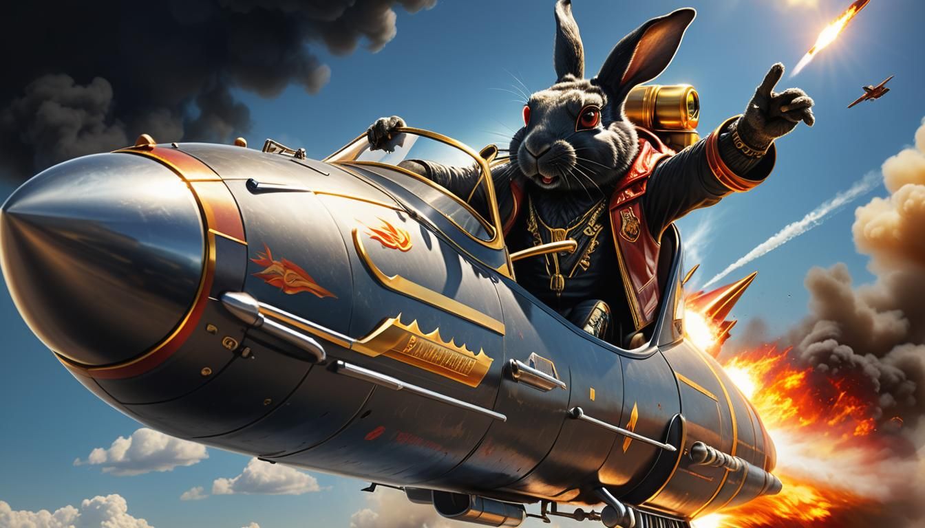 Heroic Black Rabbit Soaring Through Space