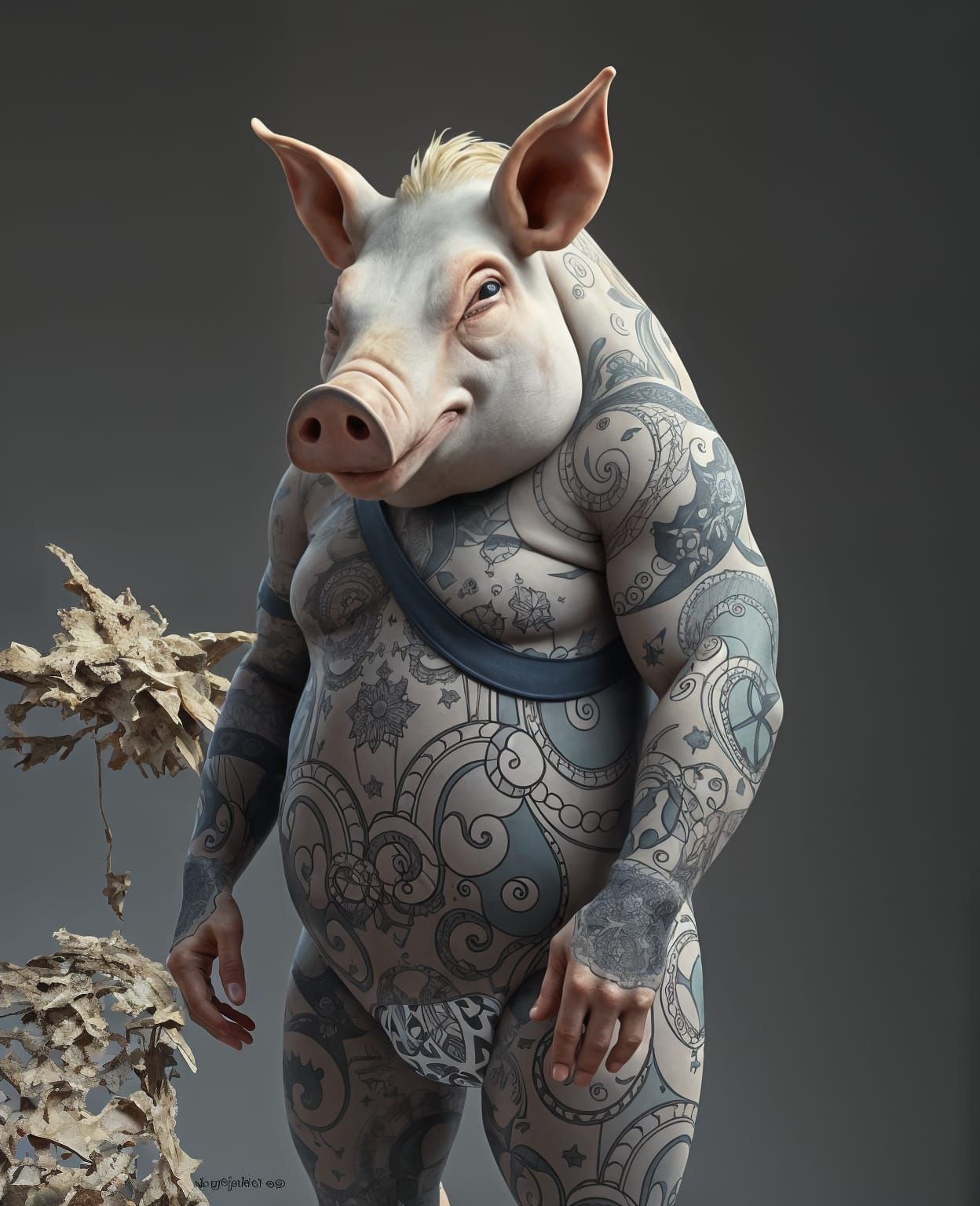 Bulky Pig-Headed Man with Abstract Tattoos