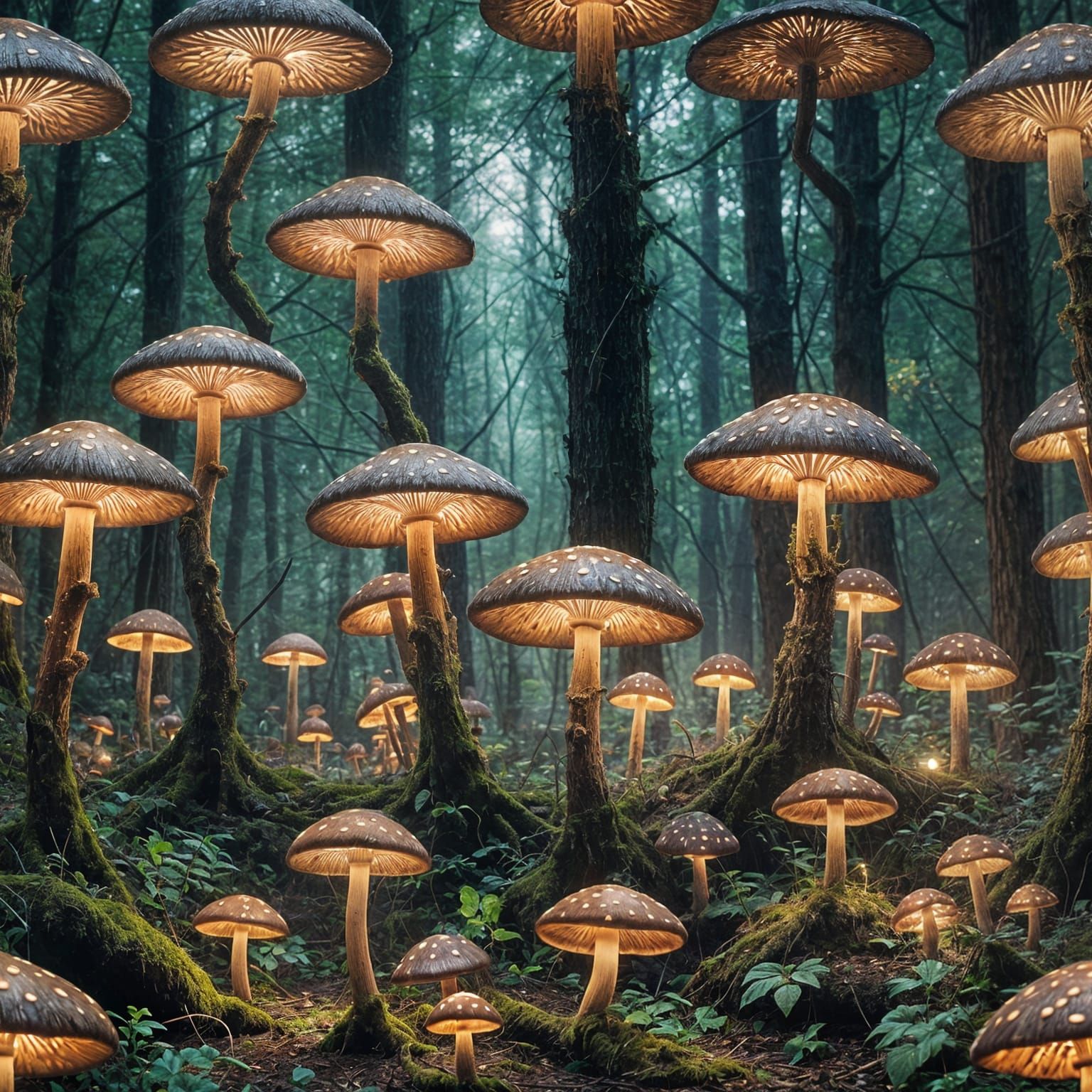 Glowing Mushroom Lamps in Dark Forest