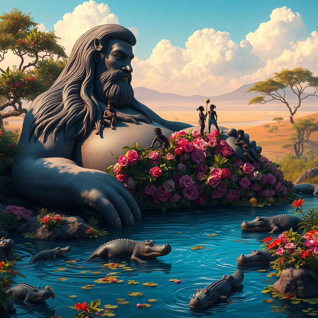 Benevolent Nile Giant Surrounded by Pygmy Children in Lush A...