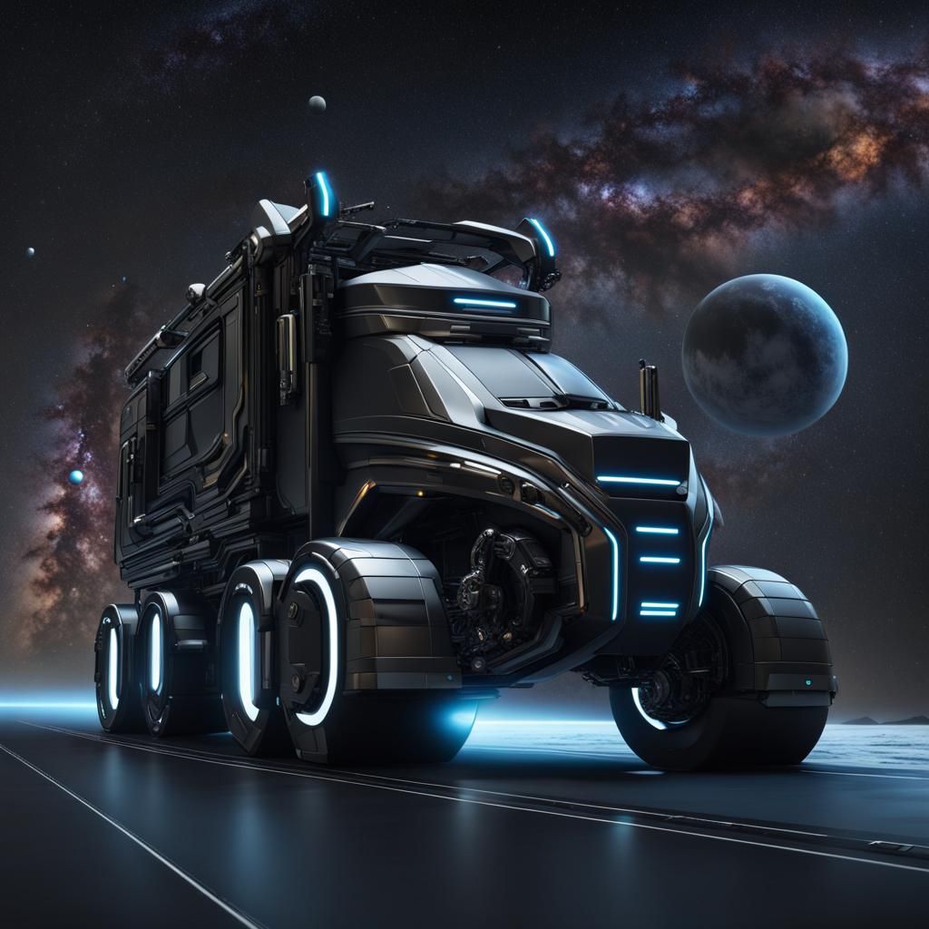 Futuristic Truck Transports Cargo Between Galaxies